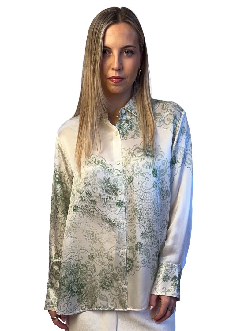 Roame White/Green Silk Blend Printed Shirt. Size: 1