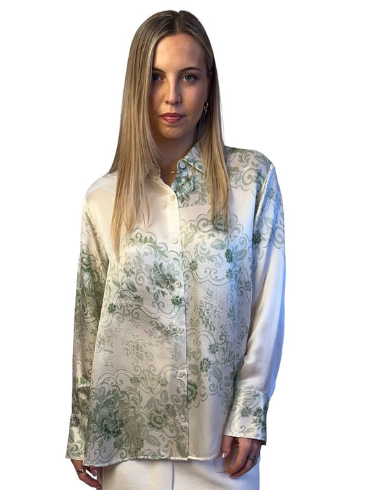 Roame White/Green Silk Blend Printed Shirt. Size: 1