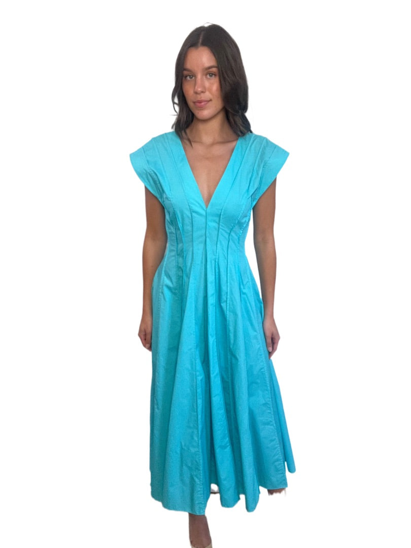 Scanlan Theodore Aqua Long Sleeveless V Neck Dress. Size: 10