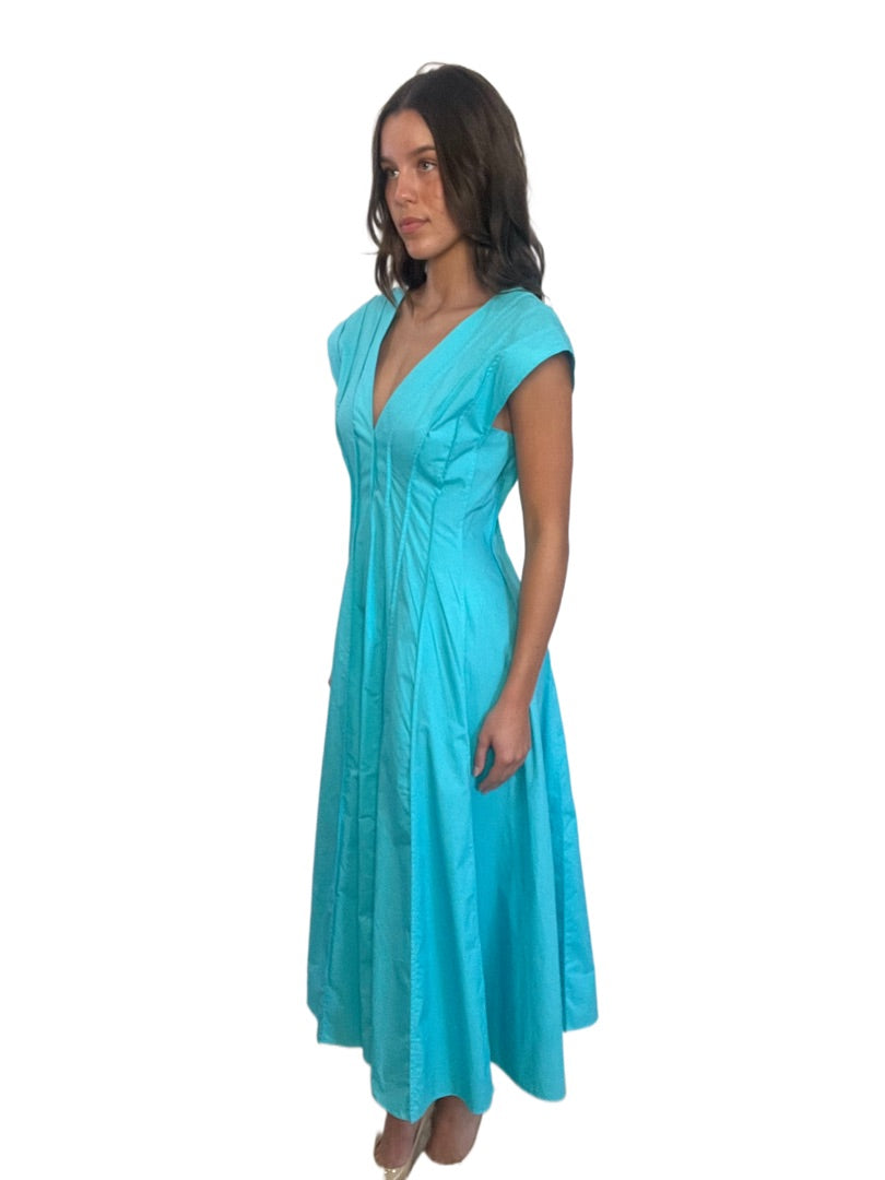Scanlan Theodore Aqua Long Sleeveless V Neck Dress. Size: 10