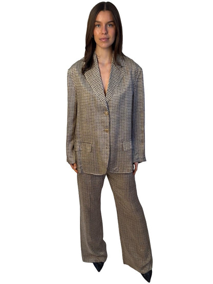 Acne Studios Neutral Check FW25 'Fairy Tale' Collection Cupro Blazer/Pant Set. Size: 34-38