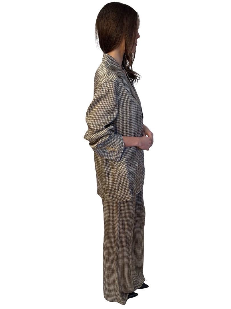 Acne Studios Neutral Check FW25 'Fairy Tale' Collection Cupro Blazer/Pant Set. Size: 34-38