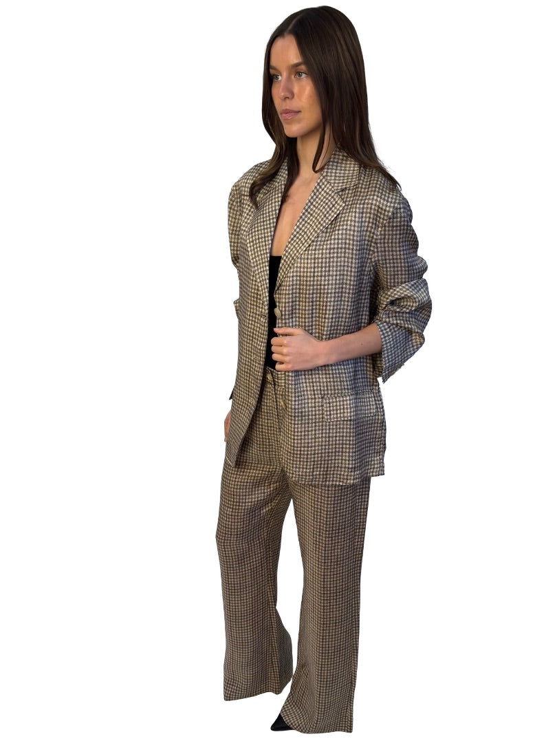 Acne Studios Neutral Check FW25 'Fairy Tale' Collection Cupro Blazer/Pant Set. Size: 34-38