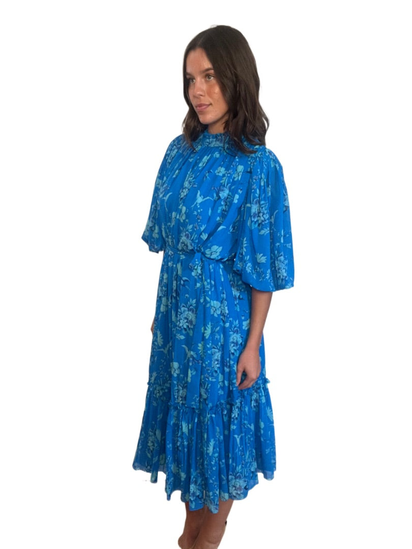 Coco Ribbon Blue Long Flow Short Sleeve Dress W Belt. Size: M