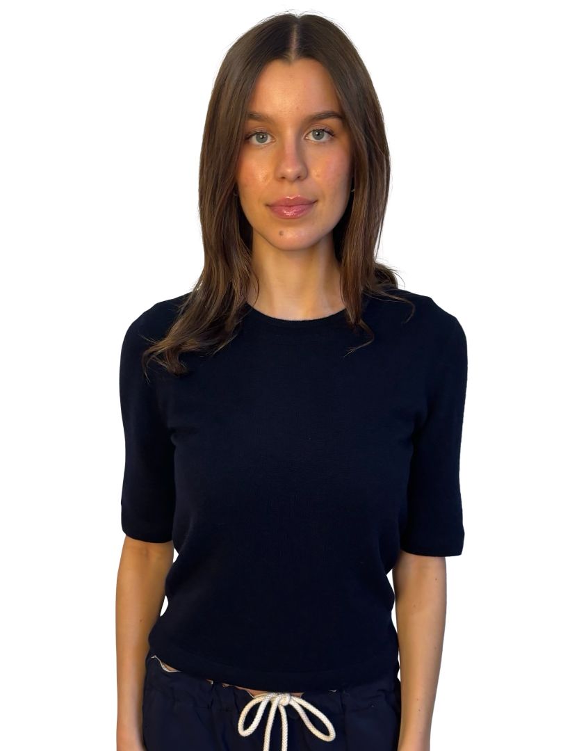 Cashmerism Navy Cashmere Knit Short Sleeve Top. Size: L