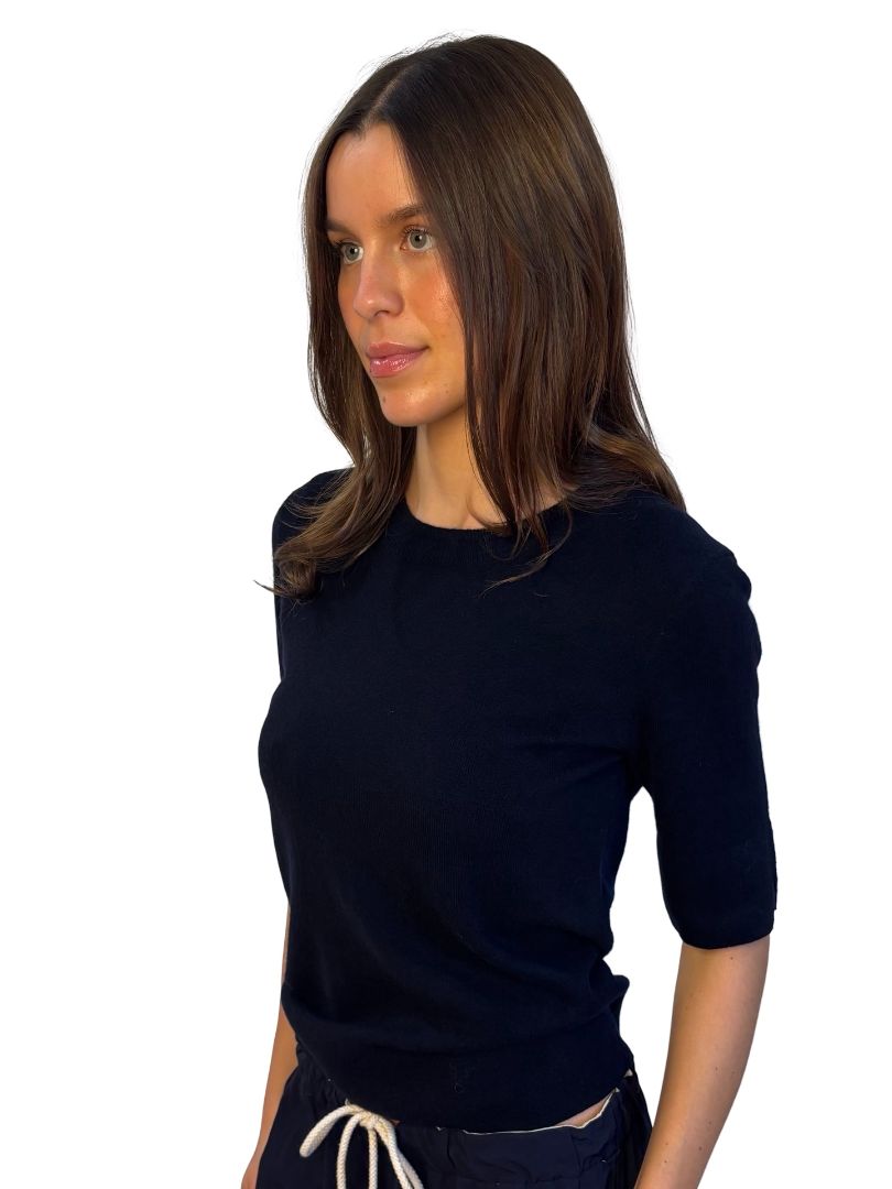 Cashmerism Navy Cashmere Knit Short Sleeve Top. Size: L