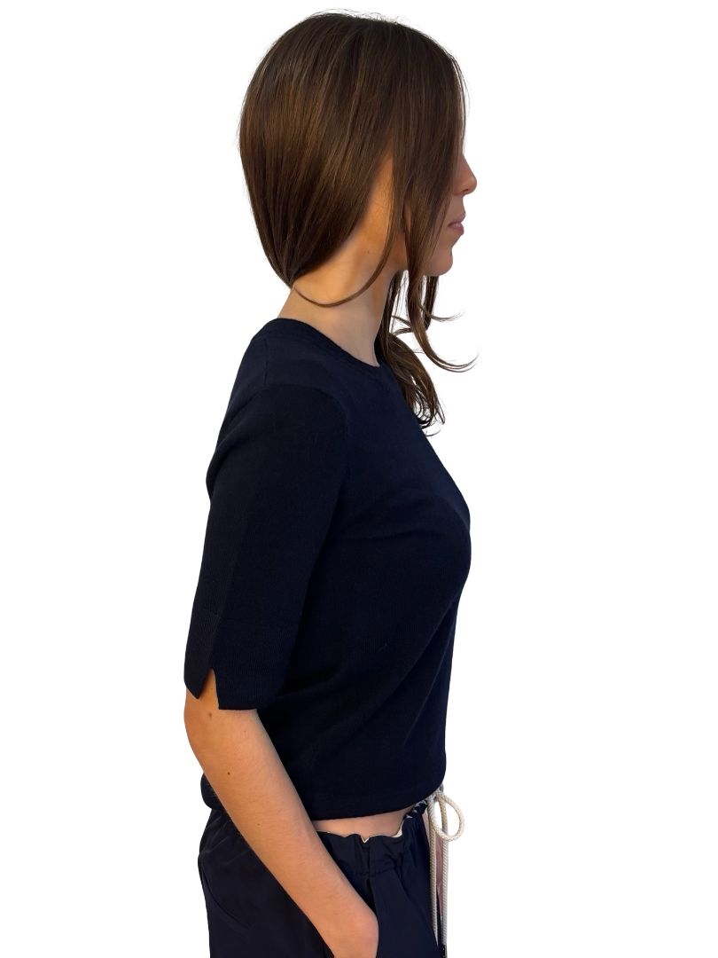 Cashmerism Navy Cashmere Knit Short Sleeve Top. Size: L