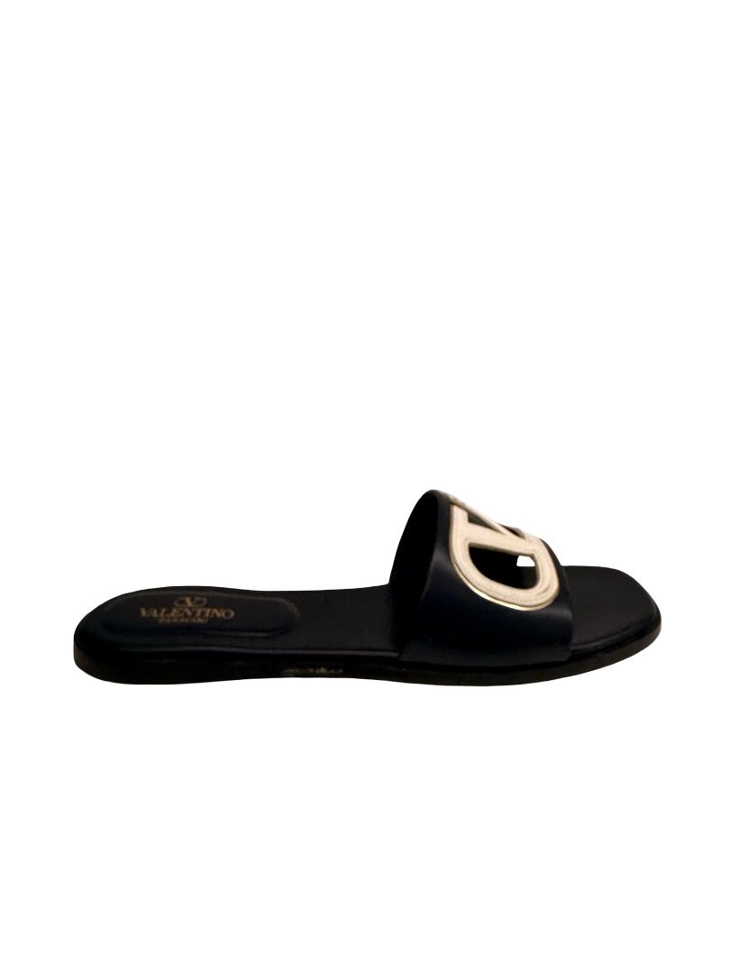 Valentino Garavani Marine Navy Flat Cut Out Logo Slides. Size: 42
