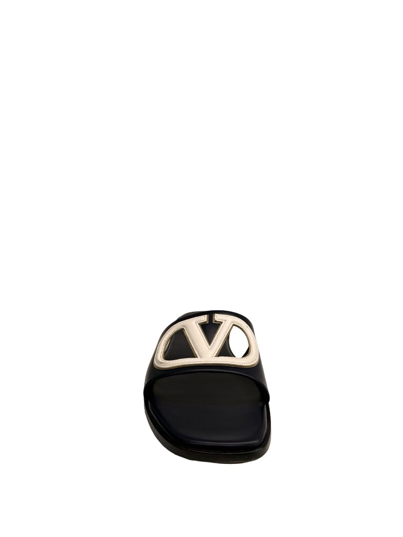 Valentino Garavani Marine Navy Flat Cut Out Logo Slides. Size: 42