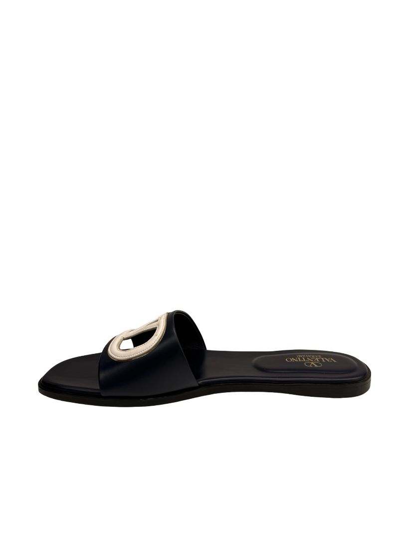 Valentino Garavani Marine Navy Flat Cut Out Logo Slides. Size: 42