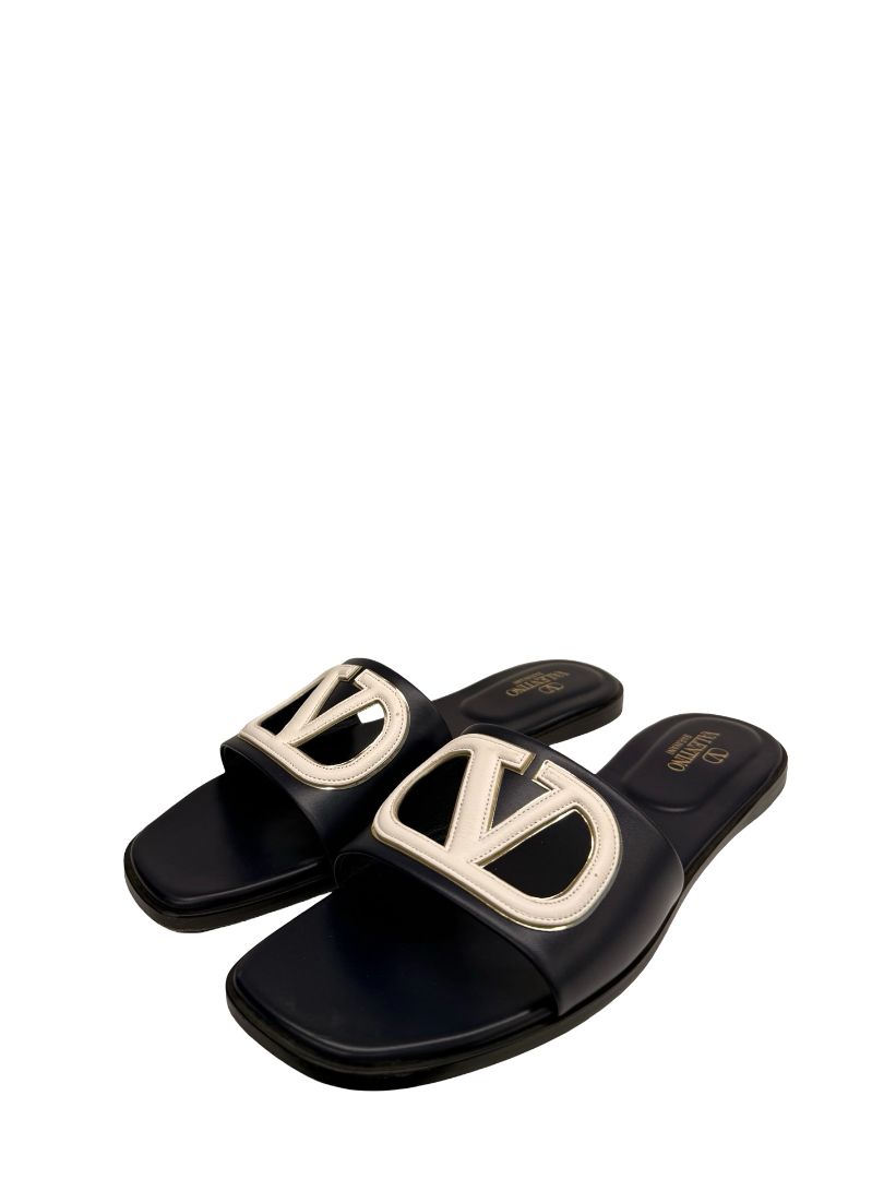 Valentino Garavani Marine Navy Flat Cut Out Logo Slides. Size: 42