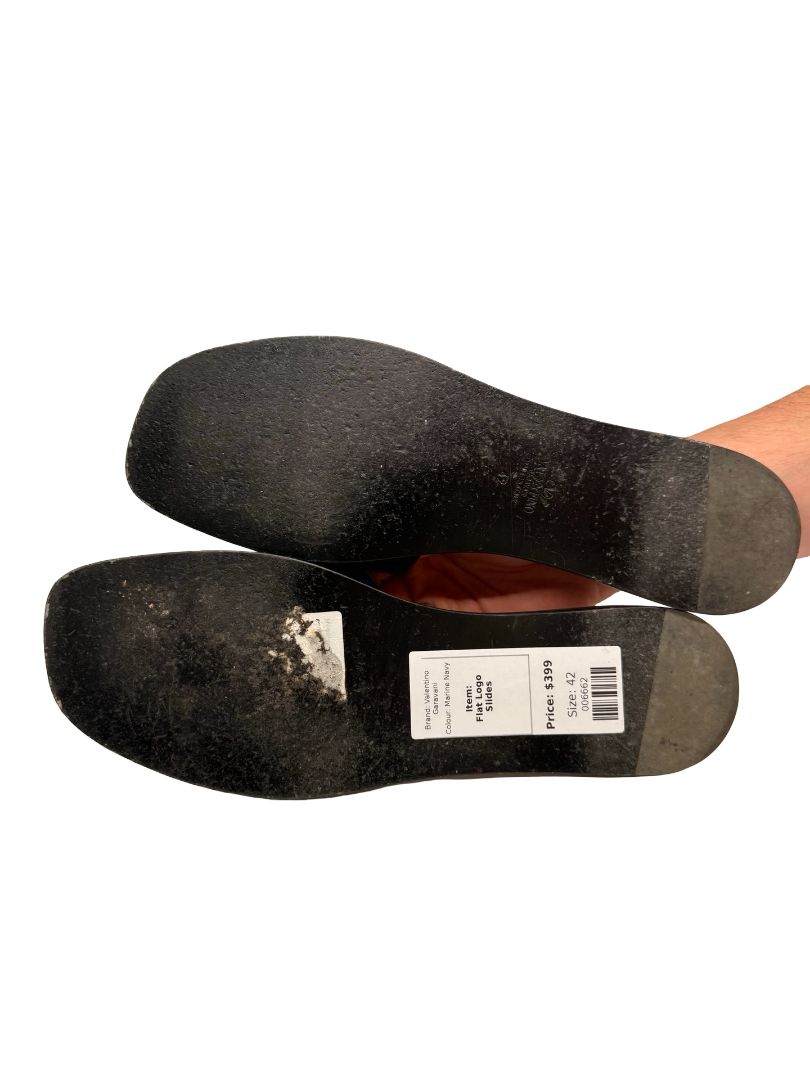 Valentino Garavani Marine Navy Flat Cut Out Logo Slides. Size: 42