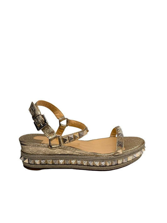 Christian Louboutin Gold Metallic 'Pyraclou 60' Espadrille Wedges. Size: 41