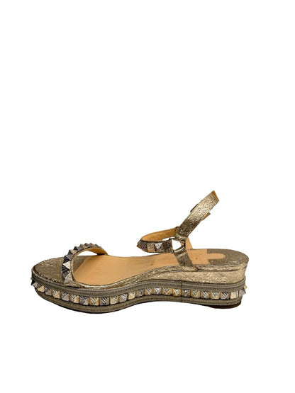 Christian Louboutin Gold Metallic 'Pyraclou 60' Espadrille Wedges. Size: 41