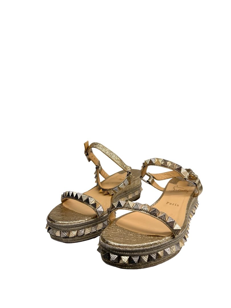Christian Louboutin Gold Metallic 'Pyraclou 60' Espadrille Wedges. Size: 41