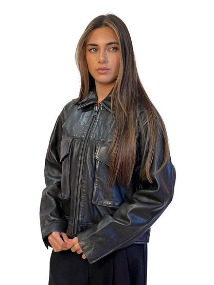 Second Female Black Cropped Leather Jacket w/ Pockets. Size: S