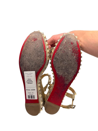 Christian Louboutin Gold Metallic 'Pyraclou 60' Espadrille Wedges. Size: 41
