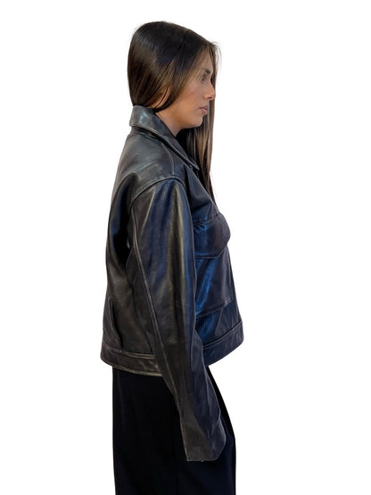 Second Female Black Cropped Leather Jacket w/ Pockets. Size: S