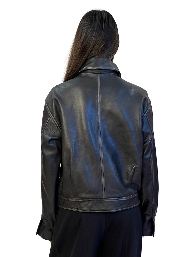 Second Female Black Cropped Leather Jacket w/ Pockets. Size: S
