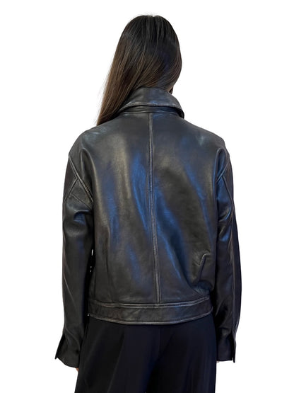 Second Female Black Cropped Leather Jacket w/ Pockets. Size: S