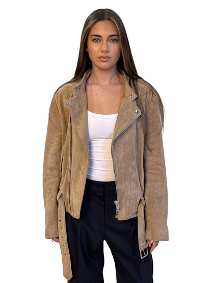 Scanlan Theodore Khaki Lamb Suede Belted Jacket. Size: M