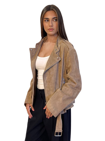 Scanlan Theodore Khaki Lamb Suede Belted Jacket. Size: M