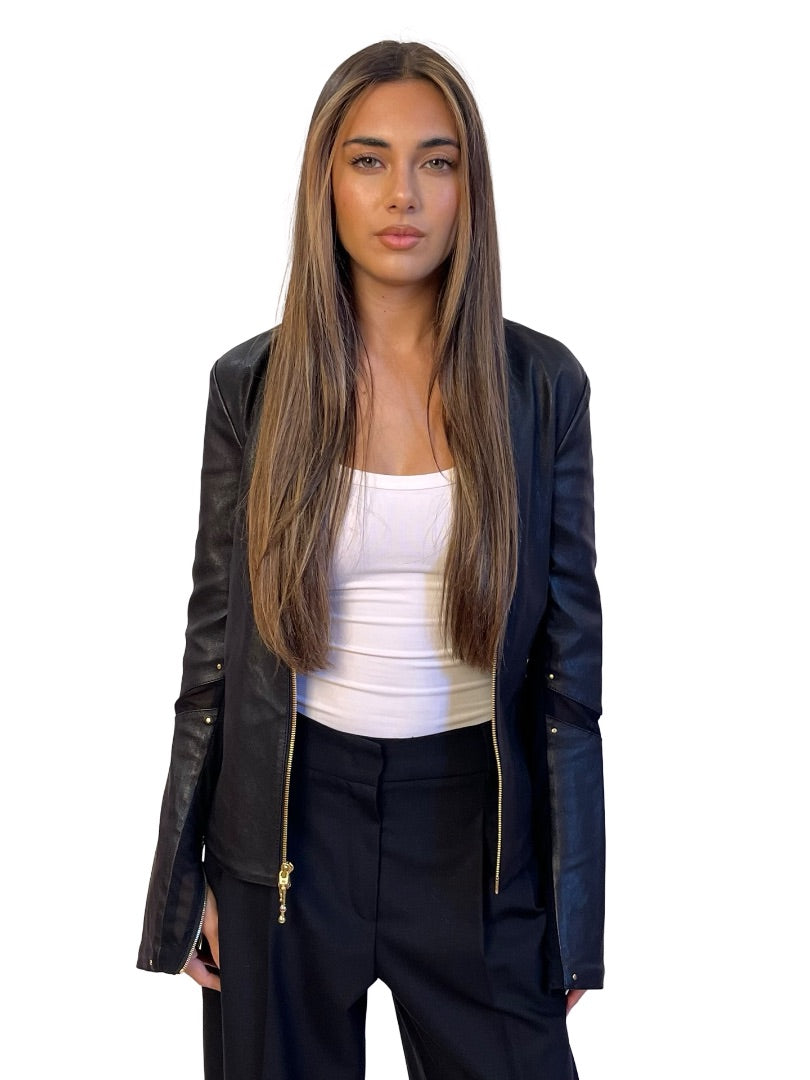 Thomas Wilde Black Leather Jacket W Mesh Sleeve Detail. Size: L