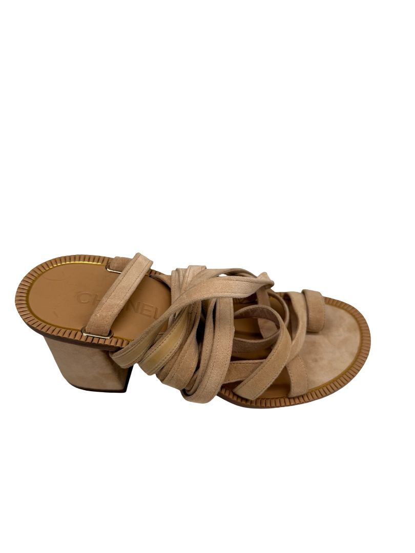 Chanel Beige Suede Gladiator Style Sandals W Block Heel Size: 37
