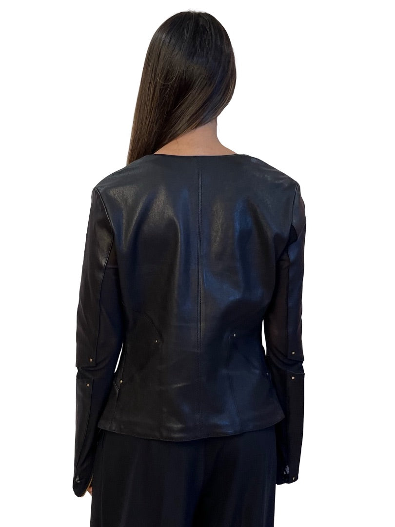 Thomas Wilde Black Leather Jacket W Mesh Sleeve Detail. Size: L