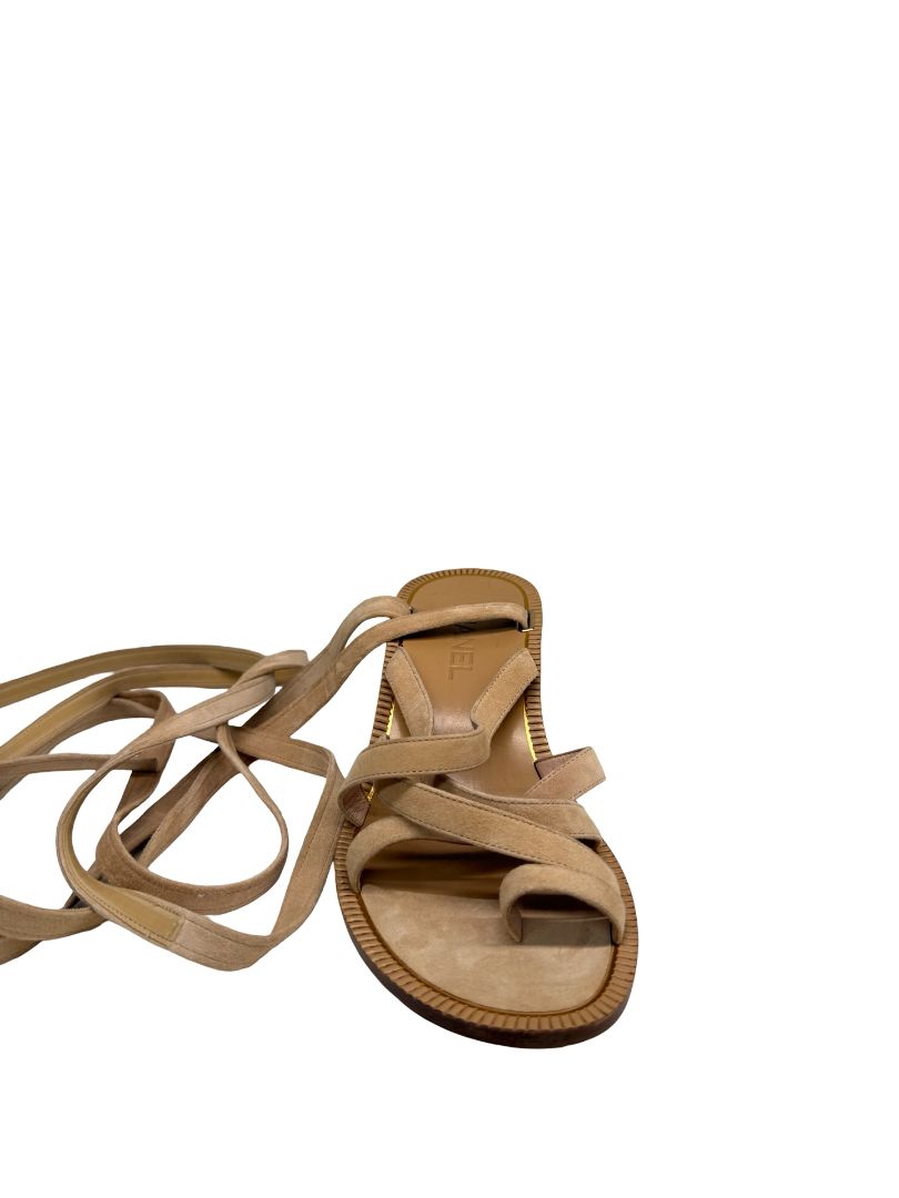Chanel Beige Suede Gladiator Style Sandals W Block Heel Size: 37