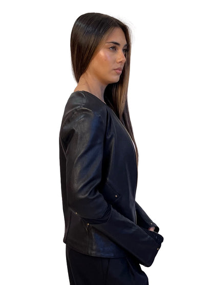 Thomas Wilde Black Leather Jacket W Mesh Sleeve Detail. Size: L