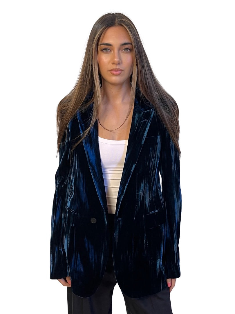 Saint Laurent Blue Velvet Single Breasted Blazer. Size: 38 FR