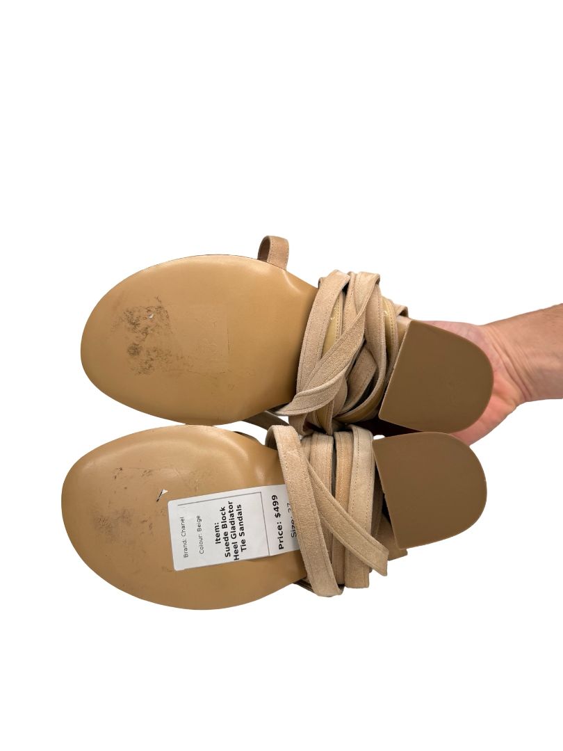 Chanel Beige Suede Gladiator Style Sandals W Block Heel Size: 37