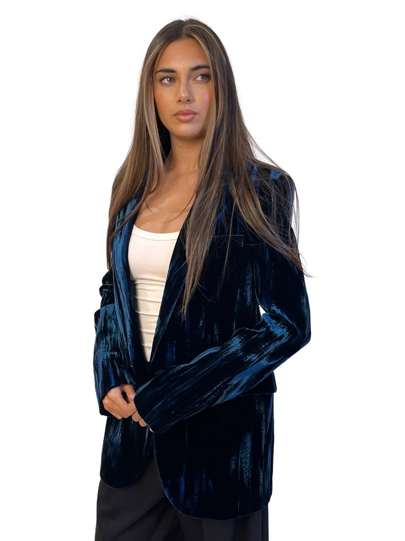 Saint Laurent Blue Velvet Single Breasted Blazer. Size: 38 FR