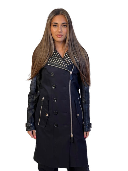 Burberry Brit Black Leather & Cotton Trench Coat w Studded Collar. Size: 8