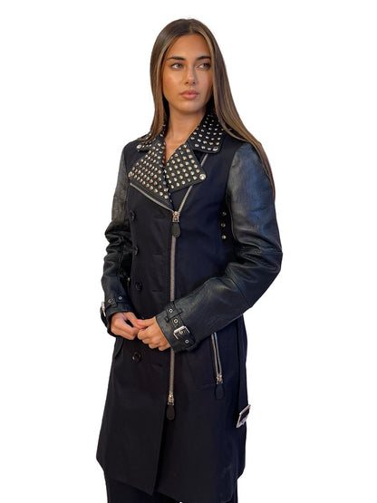 Burberry Brit Black Leather & Cotton Trench Coat w Studded Collar. Size: 8
