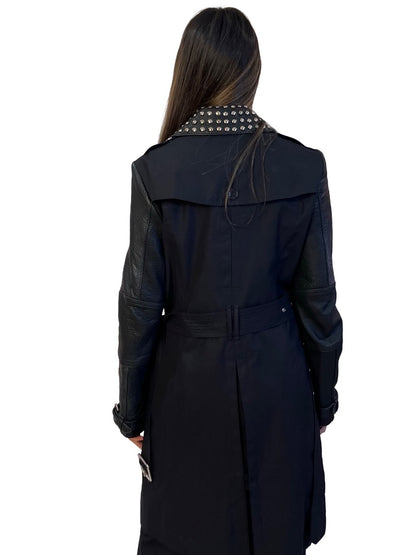 Burberry Brit Black Leather & Cotton Trench Coat w Studded Collar. Size: 8