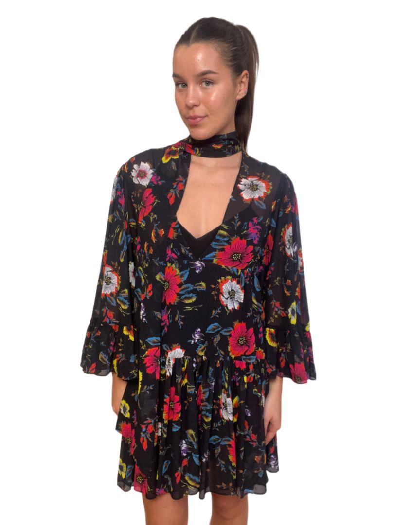 MCQ Black with Florals Mini Dress with Slip. Size: 42