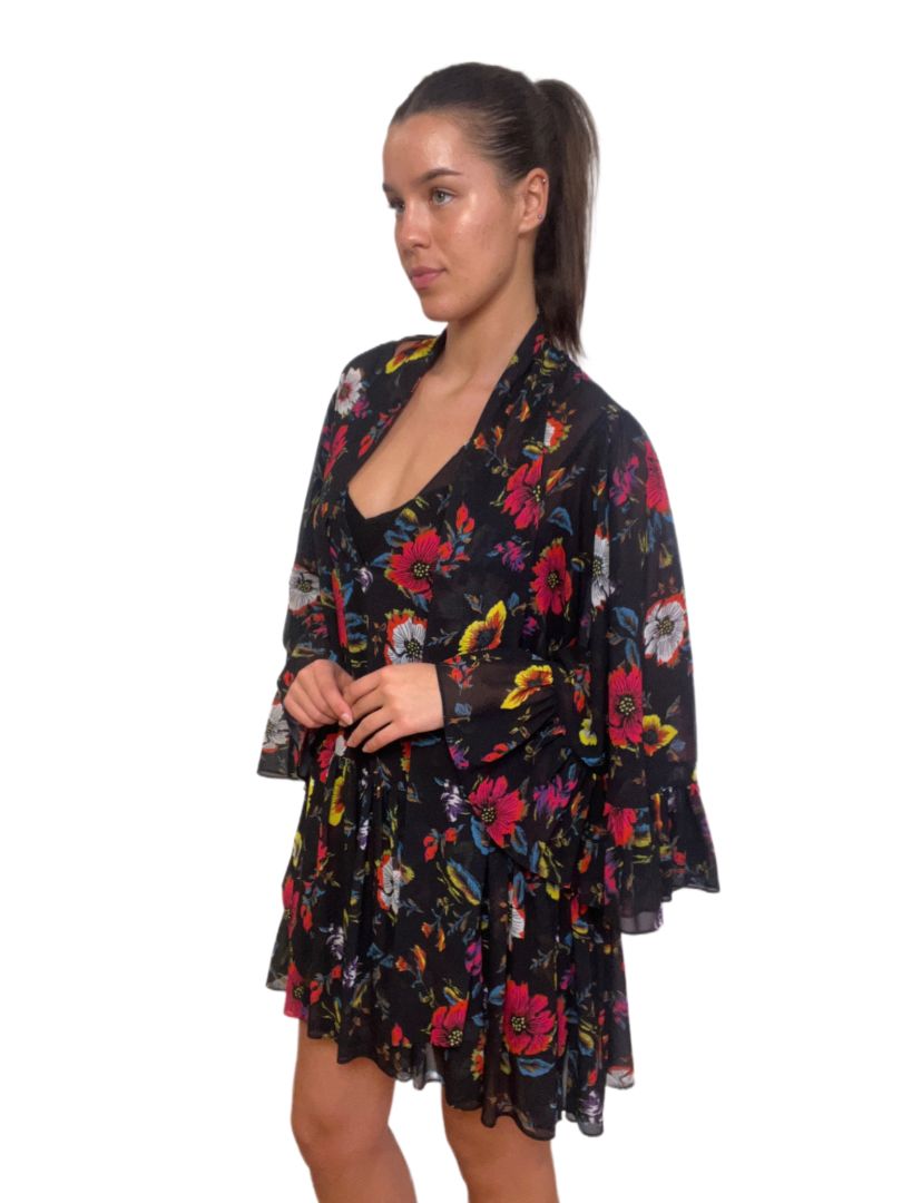 MCQ Black with Florals Mini Dress with Slip. Size: 42