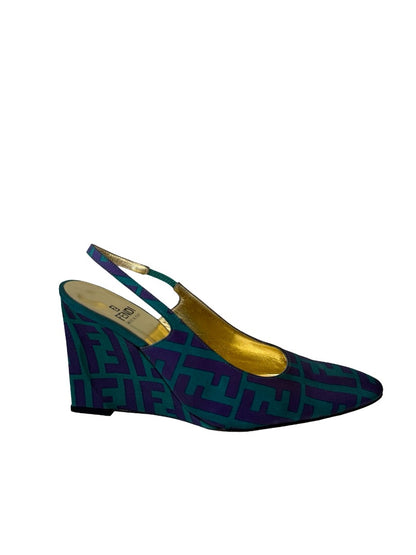 Fendi Purple / Green 'Zucca' Slingback Wedge Heels Size: 37