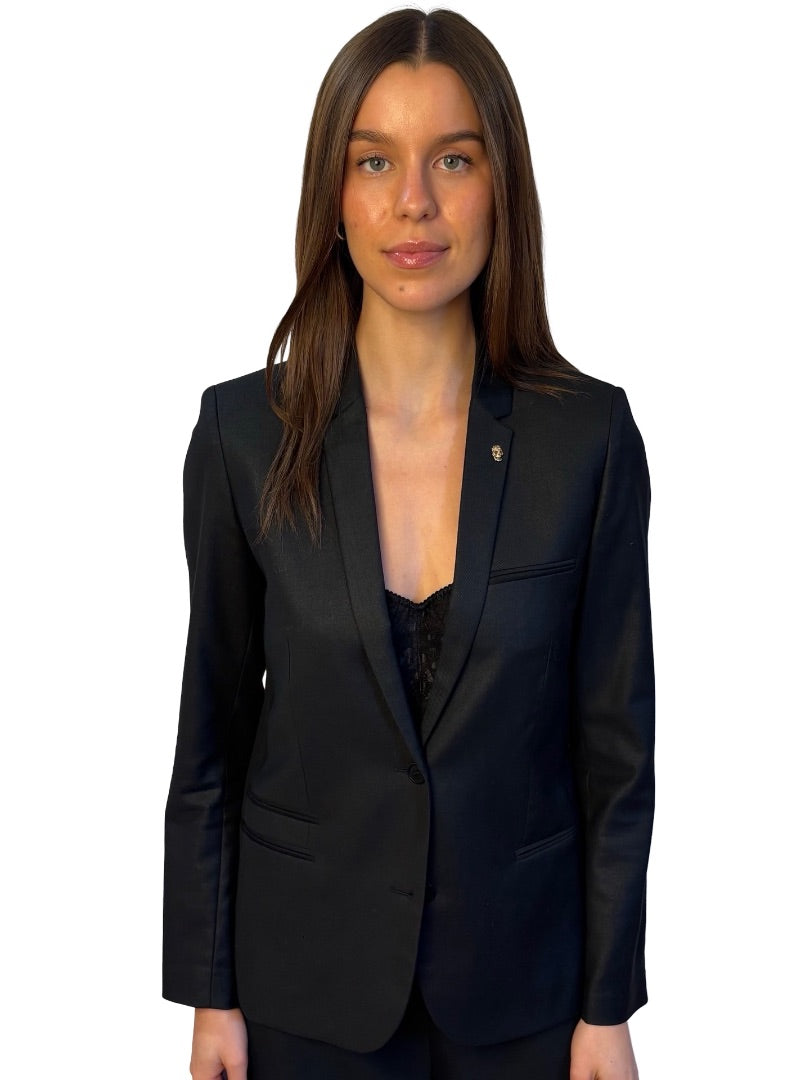 Zadig & Voltaire Black Asymmetric Pocket Blazer w/ Skull Brooch. Size: 38