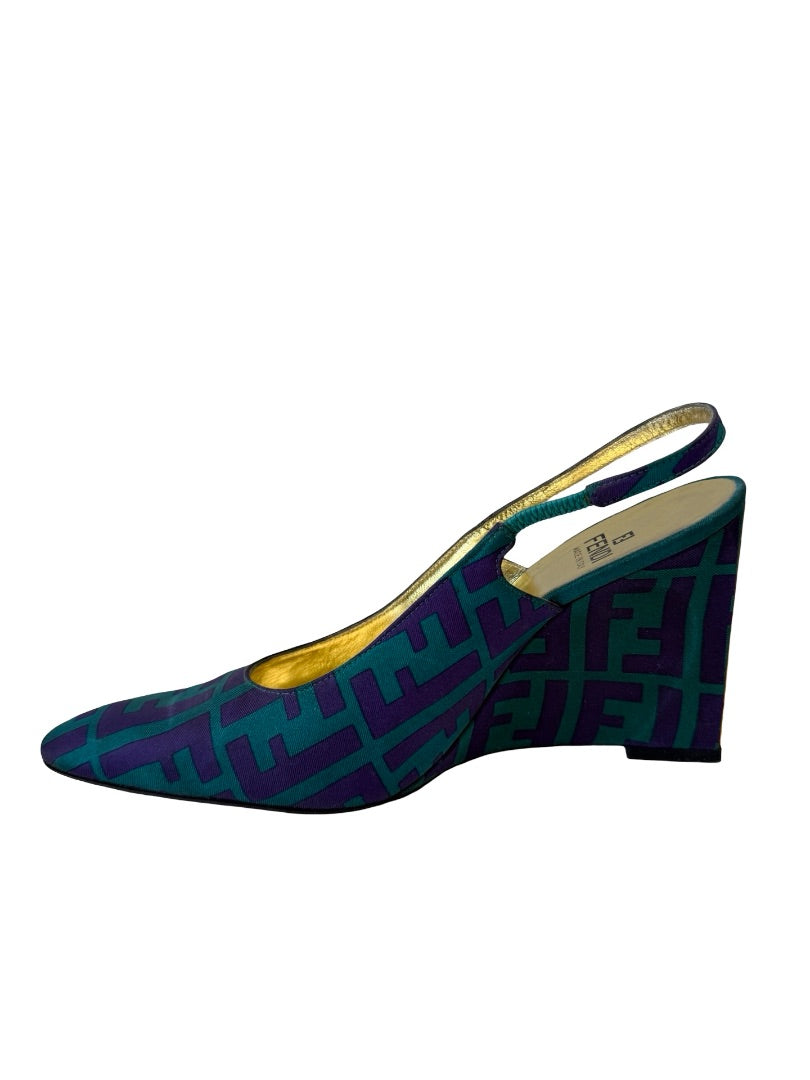 Fendi Purple / Green 'Zucca' Slingback Wedge Heels Size: 37