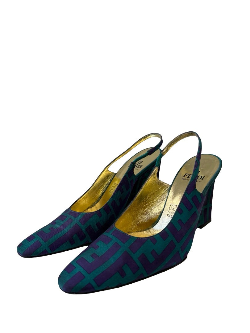Fendi Purple / Green 'Zucca' Slingback Wedge Heels Size: 37