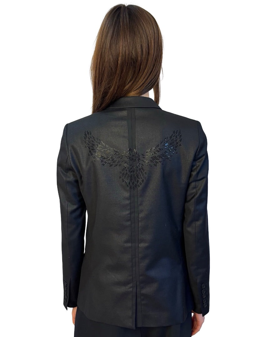 Zadig & Voltaire Black Asymmetric Pocket Blazer w/ Skull Brooch. Size: 38