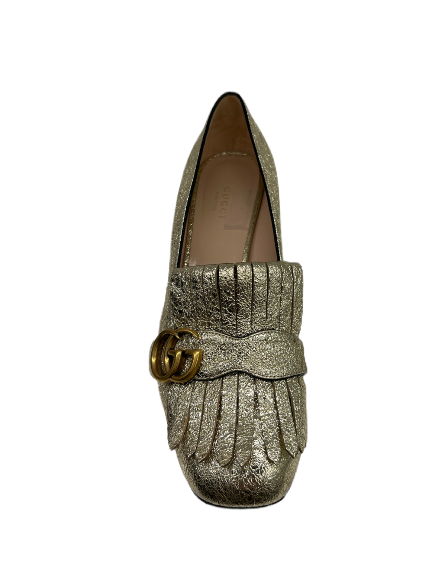 Gucci Gold Crinkled Leather GG Marmont Fringe Pumps. Size: 40