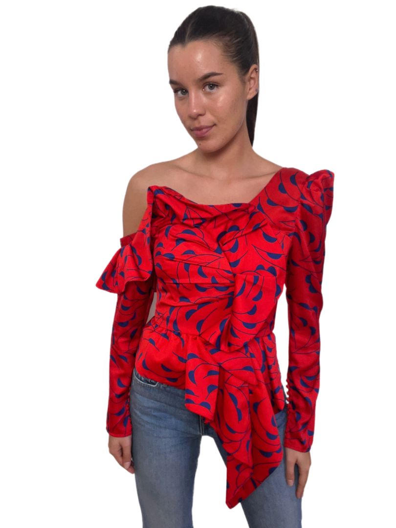 Self Portrait Red with Print Satin Floral Top. Size: 4