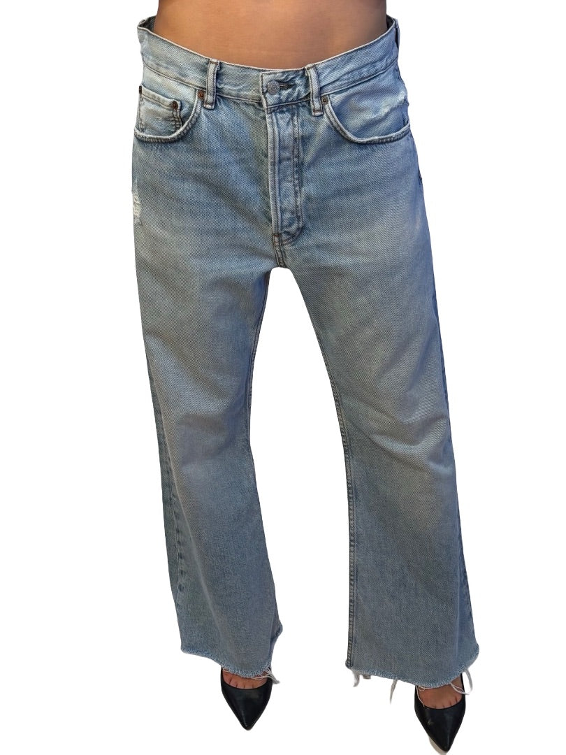 Acne Studios Light Wash Straight Leg Frayed Hem Jean. Size: 30
