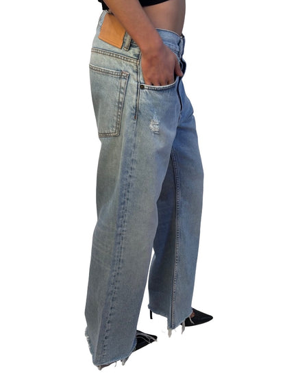 Acne Studios Light Wash Straight Leg Frayed Hem Jean. Size: 30