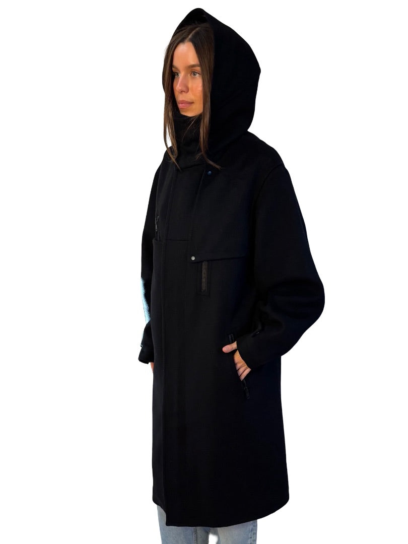 Y-3 Black Recycled Wool Blend Coat. Size: S/M