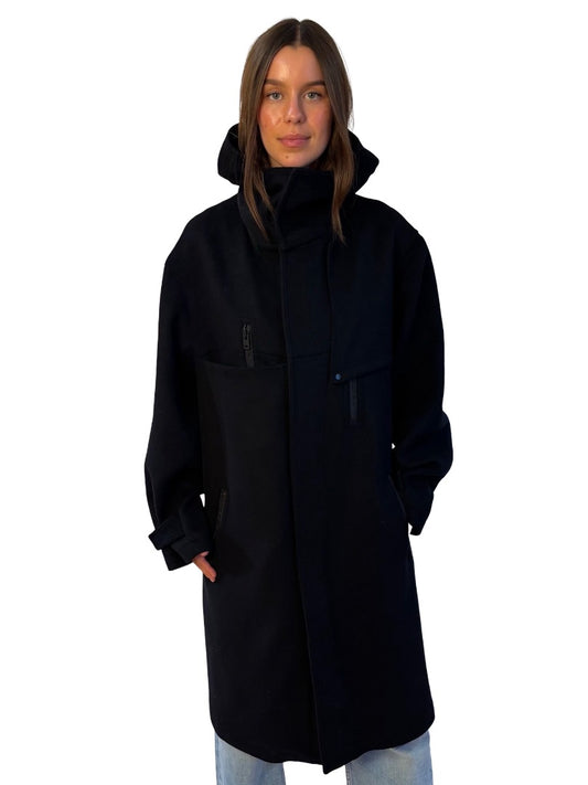 Y-3 Black Recycled Wool Blend Coat. Size: S/M